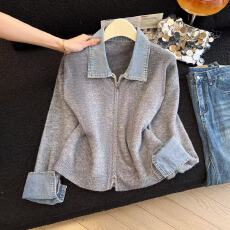 批发实拍纯羊毛~<b class='q'>牛仔</b>翻领拼接针织开衫外套女秋冬时尚百搭毛衣韩版