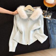 批发实拍冰岛甜梦连帽针织开衫<b class='q'>毛衣</b>外套女秋冬可拆卸大毛领上衣chic潮