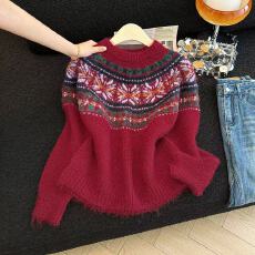 批发实拍新年战袍红色费尔岛<b class='q'>毛衣</b>女冬厚款<b class='q'>宽松</b>毛线衣圆领高级毛衫上衣