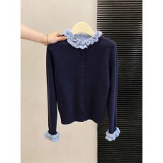 批发藏青色木耳边羊毛针织衫女款2026新款春季长袖开衫毛衣外套chic