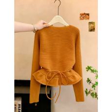 批发实拍羊毛<b class='q'>羊绒</b>系带荷叶边坑条<b class='q'>毛衣</b>女保暖显瘦一字肩针织衫chic