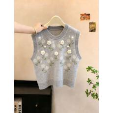 批发实拍<b class='q'>手工</b>花圆领针织马甲背心女春秋新款宽松外穿马夹叠穿<b class='q'>毛衣</b>坎肩