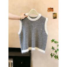 批发实拍撞色花边无袖针织背心女春秋新款高级感百搭叠穿上衣chic毛衣