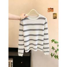 批发实拍撞色洋气减龄条纹针织圆领长袖t恤女春秋季薄款衫宽松上衣