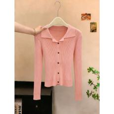 批发实拍韩系粉色v领长袖针织衫女春季修身薄款打底衫polo领上衣chic