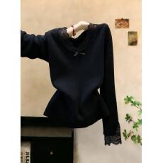 批发实拍V领蕾丝黑色纯欲毛衣女内搭2026新款冬季针织上衣打底衫ins