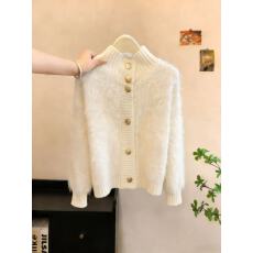 批发实拍白色高领水貂绒毛衣开衫女秋冬新款气质软糯针织外套上衣chic