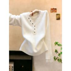 批发实拍绝美纯欲v领蕾丝拼接打底衫春法式内搭高级感毛衣<b class='q'>针织衫</b>上衣