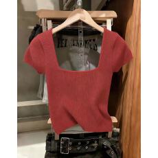 批发实拍红色t恤女短袖夏新款正肩修身设计感短款辣妹半袖小上衣chic