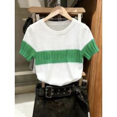 批发实拍今年流行上衣女新款设计感小众别致绿色宽松拼色针织短袖t恤
