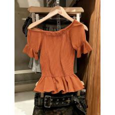 批发实拍一字领短袖针织T恤夏季2026新款洋气露锁骨压褶上衣女chic