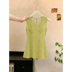 批发实拍青柠夏日中长款V领镂空蕾丝<b class='q'>收腰</b>a字无袖背心连衣裙chic