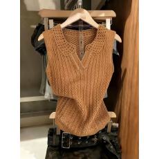 批发实拍南瓜橘polo领镂空针织无袖<b class='q'>背心</b>夏复古甜辣妹修身显瘦别致上衣