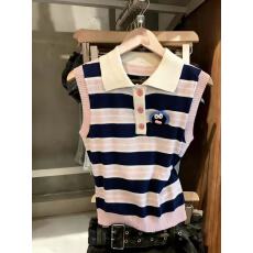 批发实拍粉色条纹坎肩宽肩带针织<b class='q'>背心</b>女外穿polo领无袖t恤上衣高级感