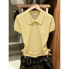 批发实拍东大门黄色polo领冰丝针织短袖t恤女夏季休闲百搭上衣chic