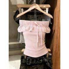 批发实拍纯欲<b class='q'>甜美</b>女夏季巨好看小个子粉色一字肩上衣chic