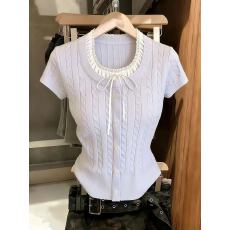 批发实拍纯欲<b class='q'>甜美</b>浅蓝假两件刺绣针织开衫夏季别致绝美设计感短款上衣