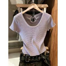 批发实拍后背镂空冰丝针织t恤女夏季韩系设计感修身内搭短款条纹上衣