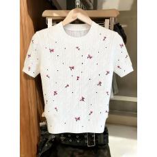 批发实拍花朵刺绣王玉雯同款法式甜美风圆领针织短袖上衣女chic