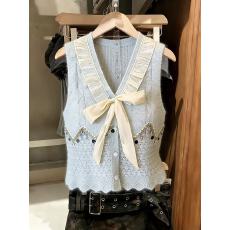 批发实拍镂空针织马甲女夏季新款蝴蝶结亮片V领荷叶边无袖背心上衣chi