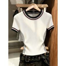 批发实拍高级感法式正肩针织短袖t恤女夏季收腰显瘦好看条纹小衫上衣