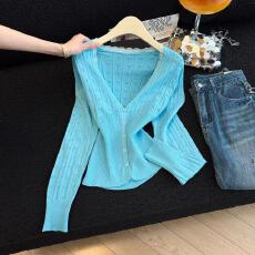 批发实拍2026<b class='q'>春</b>微胖mm镂空提花毛针织衫开衫女V领蕾丝修身上衣chic