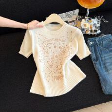 批发实拍小香风重工星星刺绣烫钻针织短袖女新款时髦气质显瘦百搭上衣