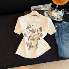 批发实拍白色小香风飞马花短袖毛衣女2026年新款高级感气质显瘦上衣