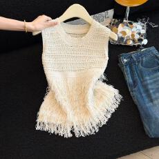 批发实拍法式下摆流苏针织吊带背心女夏辣妹裙摆无袖上衣chic