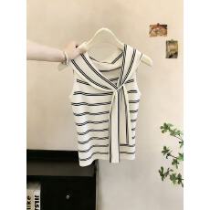 批发实拍法式少女风白底黑条纹一字肩小衫夏季新款精致蝴蝶结显瘦上衣