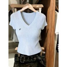 批发实拍蓝色清透亚麻V领设计感刺绣针织衫女短袖夏季气质百搭T恤chic