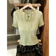 批发实拍韩系chic串珠领针织衫系带设计感温柔风减龄短袖上衣新款小众