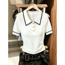 批发实拍白色polo领冰丝针织短袖T恤女夏修身显瘦法式小资巨好看上衣