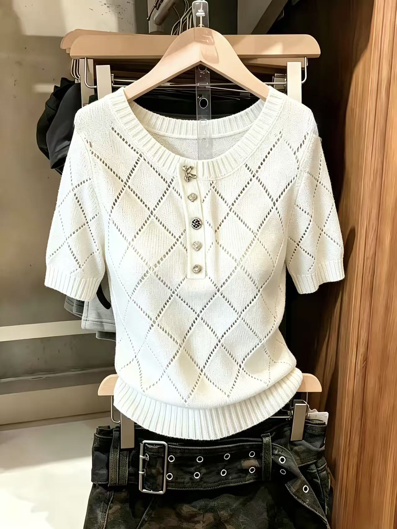 RY3258# 实拍韩系菱格羊毛短袖t恤女圆领针织修身显瘦上衣chic