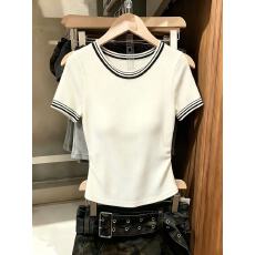 批发实拍法式小资撞色圆领修身针织短袖t恤夏巨好看显瘦短款小衫上衣