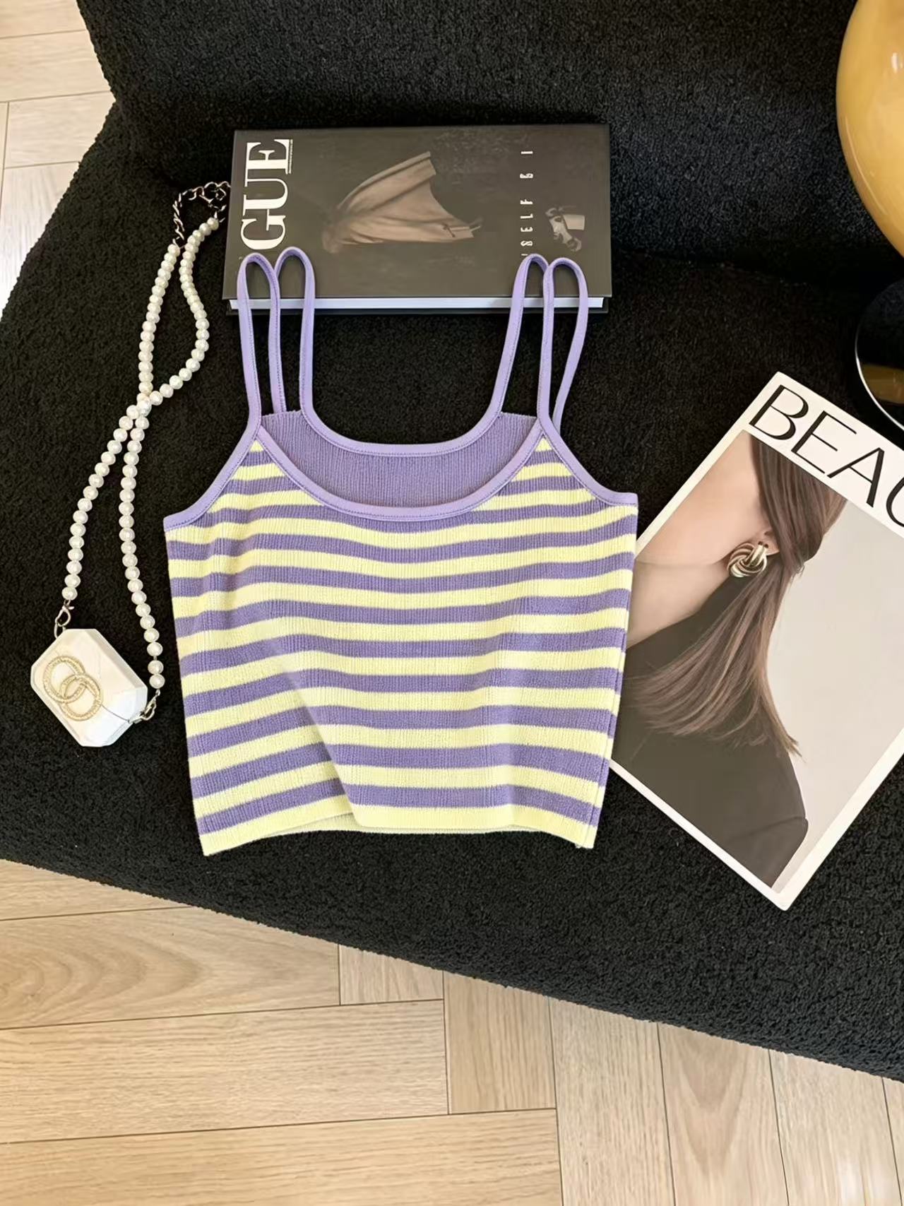 실사 프랑스식 레트로 스트라이프 슬립 여성 여름 외출용 디자인 센스 작은 대중 더블 어깨끈 니트 조끼 몸매 가꾸기 맨위