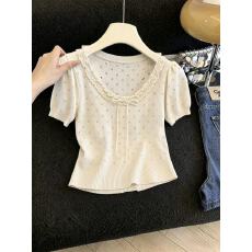 批发实拍绝美蝴蝶结法式<b class='q'>镂空</b>冰丝针织短袖t恤女蕾丝花边短款小衫上衣