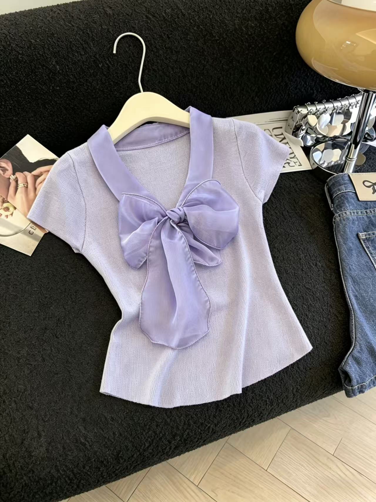 실사 Chic 연령 감소 나비 매듭 리본 반팔 티셔츠 여성 여름 새로운 니트 스웨터 맨위 chic