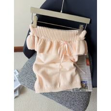 批发实拍<b class='q'>甜美</b>风软糯一字肩两穿荷叶边t恤女缎面绑带羊毛上衣chic