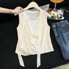 批发实拍不对称设计感挂脖上衣女夏季辣妹无袖<b class='q'>衬衫</b>背心韩系chic