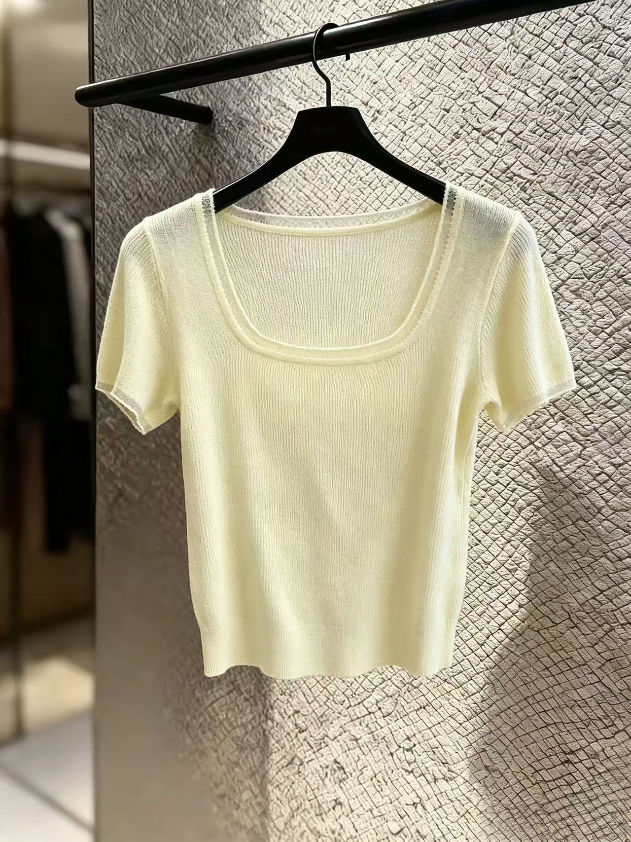 실사 프랑스식 광장 칼라 루즈핏 슬림해 보이는 니트 반팔 티셔츠 여성 여름 새로운 품격 패션 다용도 맨위 chic