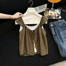 批发实都韩系撞色叠穿纯欲吊带飞飞袖娃娃衫上衣两件套<b class='q'>套装</b>女夏季chic