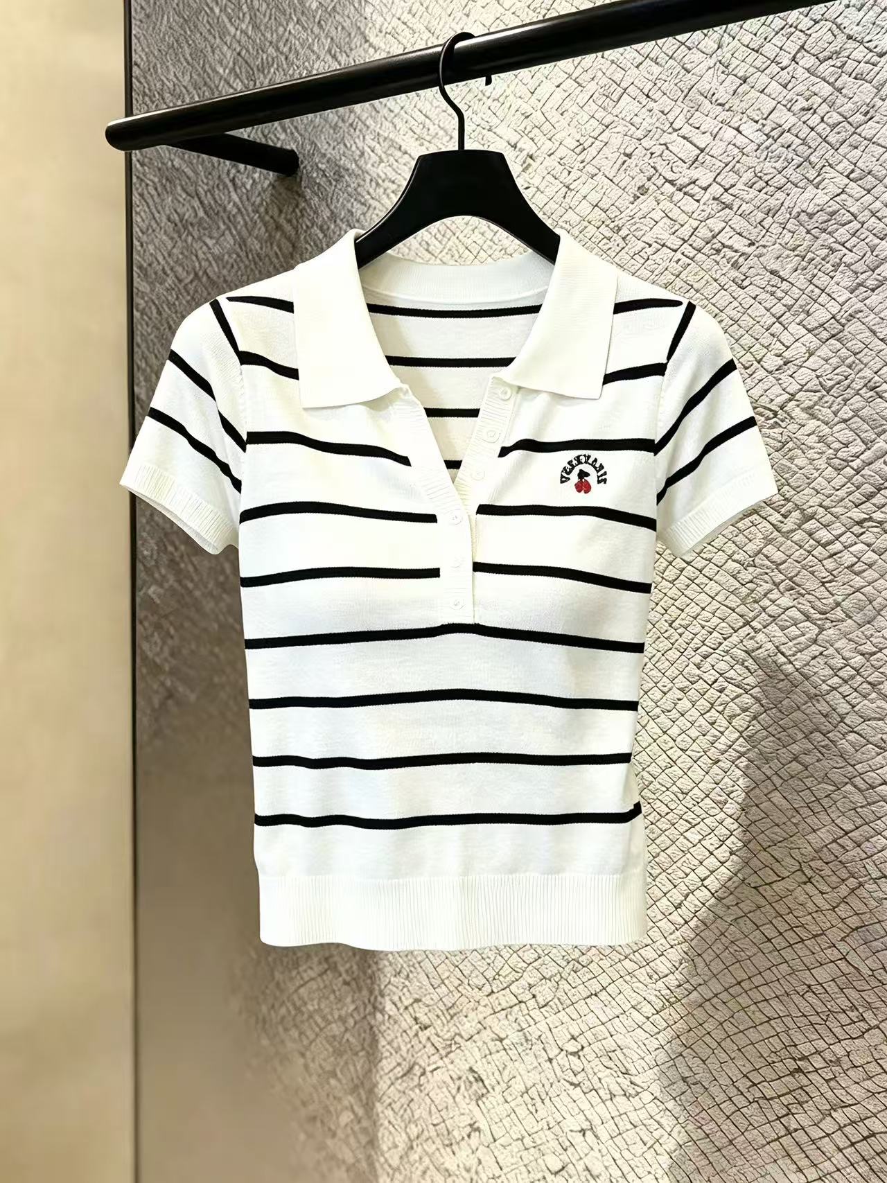 실사 스트라이프 POLO 칼라 어깨 니트 반팔 티셔츠 여성 새로운 고유 한 아름다운 여름 맨위 chic