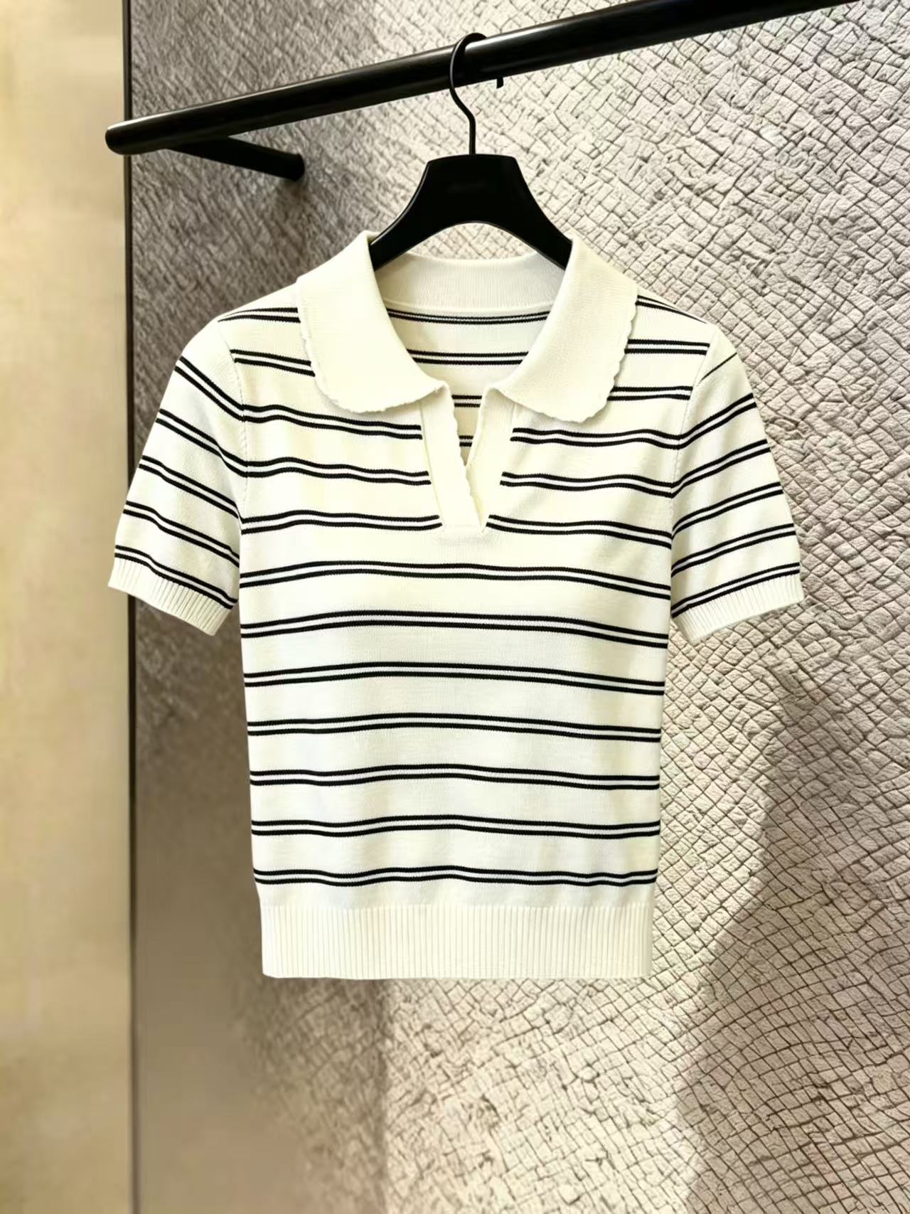 실사 한 부서 스트라이프 POLO 칼라 니트 스웨터 여성 여름 반팔 티셔츠 루즈핏 슬림해 보이는 다용도 맨위 chic