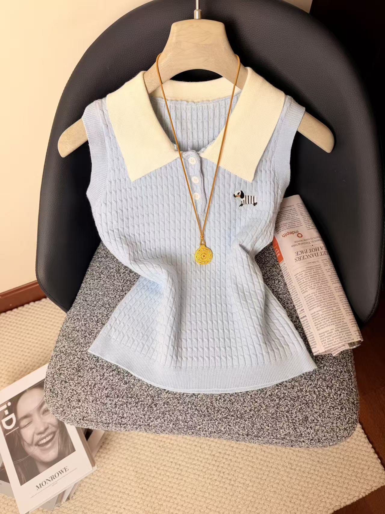 실사 학원 스타일 POLO 칼라 강아지 자수 니트 캐미솔 연령 감소 민소매 티셔츠 맨위 chic