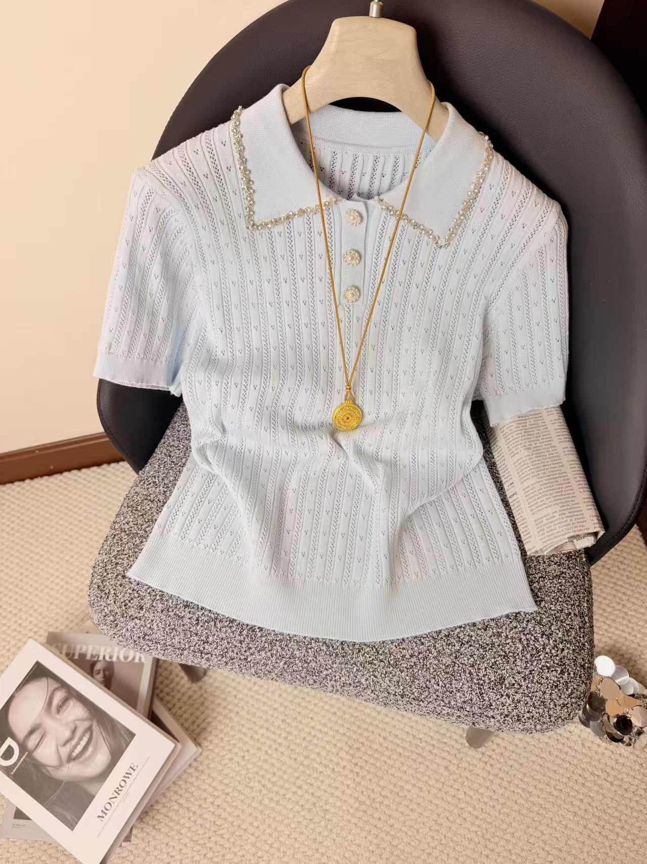 실사 자이언트 잘 생긴 ~ 중 차가운 센스 POLO 칼라 얼음 실크 니트 반팔 티셔츠 여성 한 부서 chic Chic 작은 셔츠 맨위