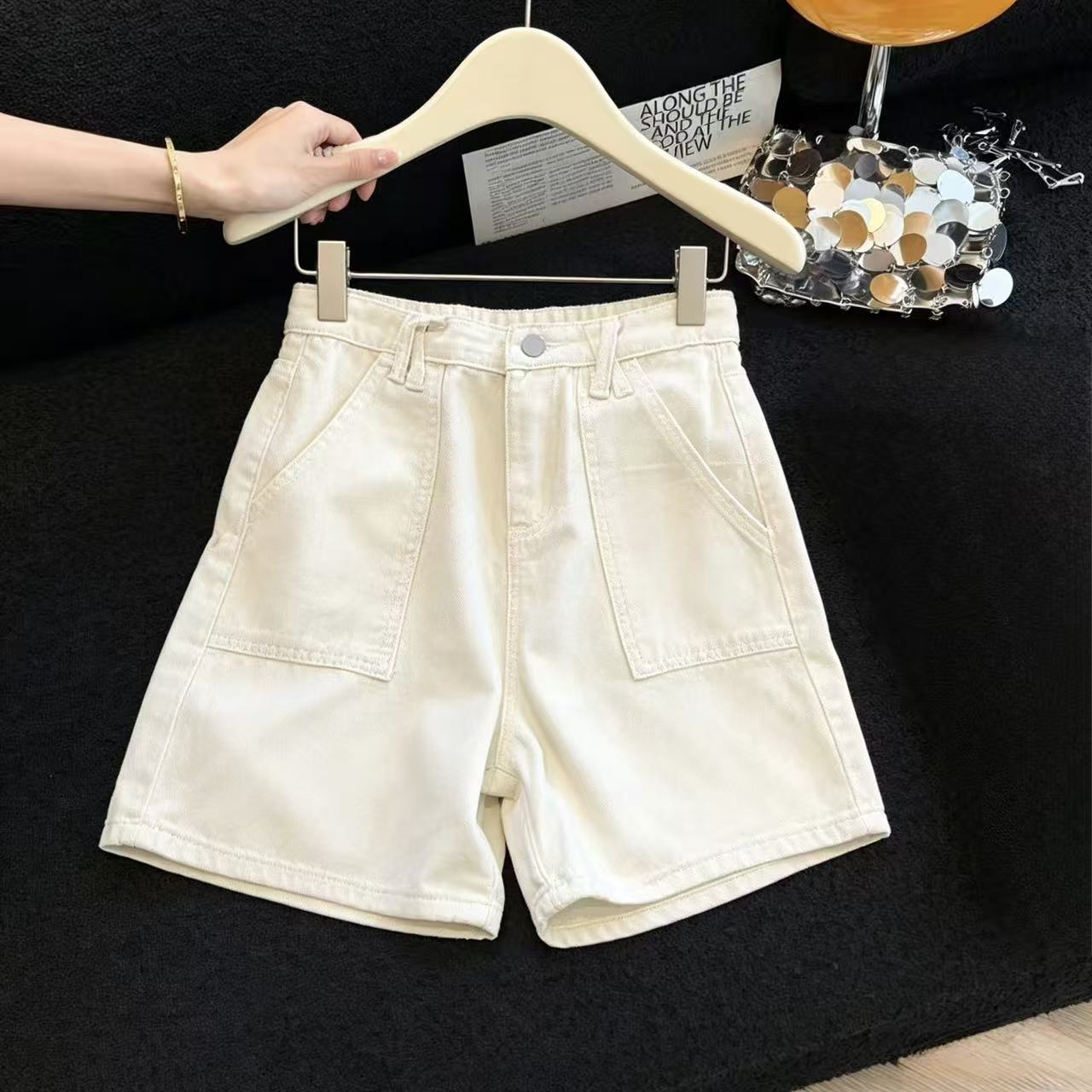 실사 오부 바지 여성 루즈핏 봄 여름 새로운 한국 스타일 스트레이트 하이웨이스트 한 마디 반바지 홍콩 느낌 넓은 다리 데님 바지