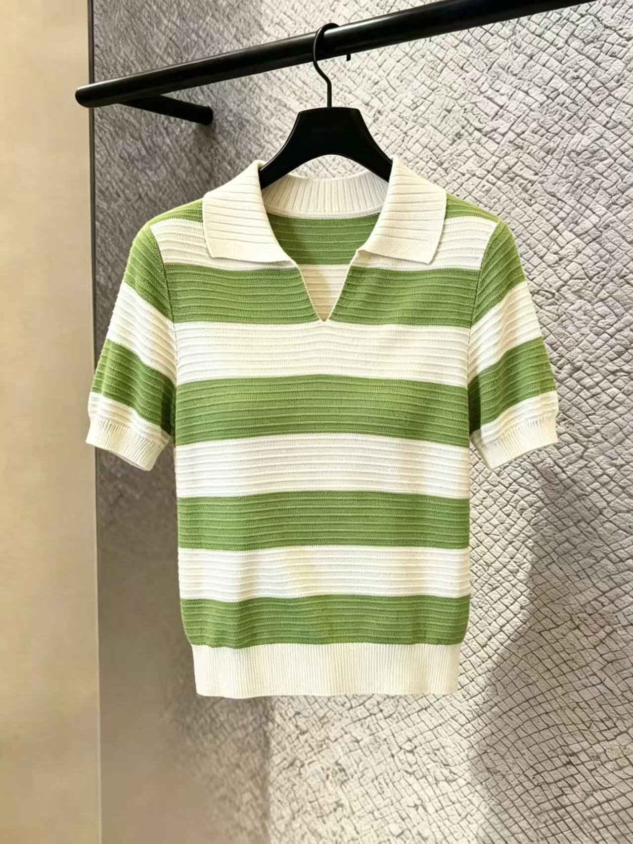 실사 프랑스식 오래된 돈 바람 스트라이프 POLO 칼라 반팔 니트 스웨터 여성 티셔츠 맨위 chic