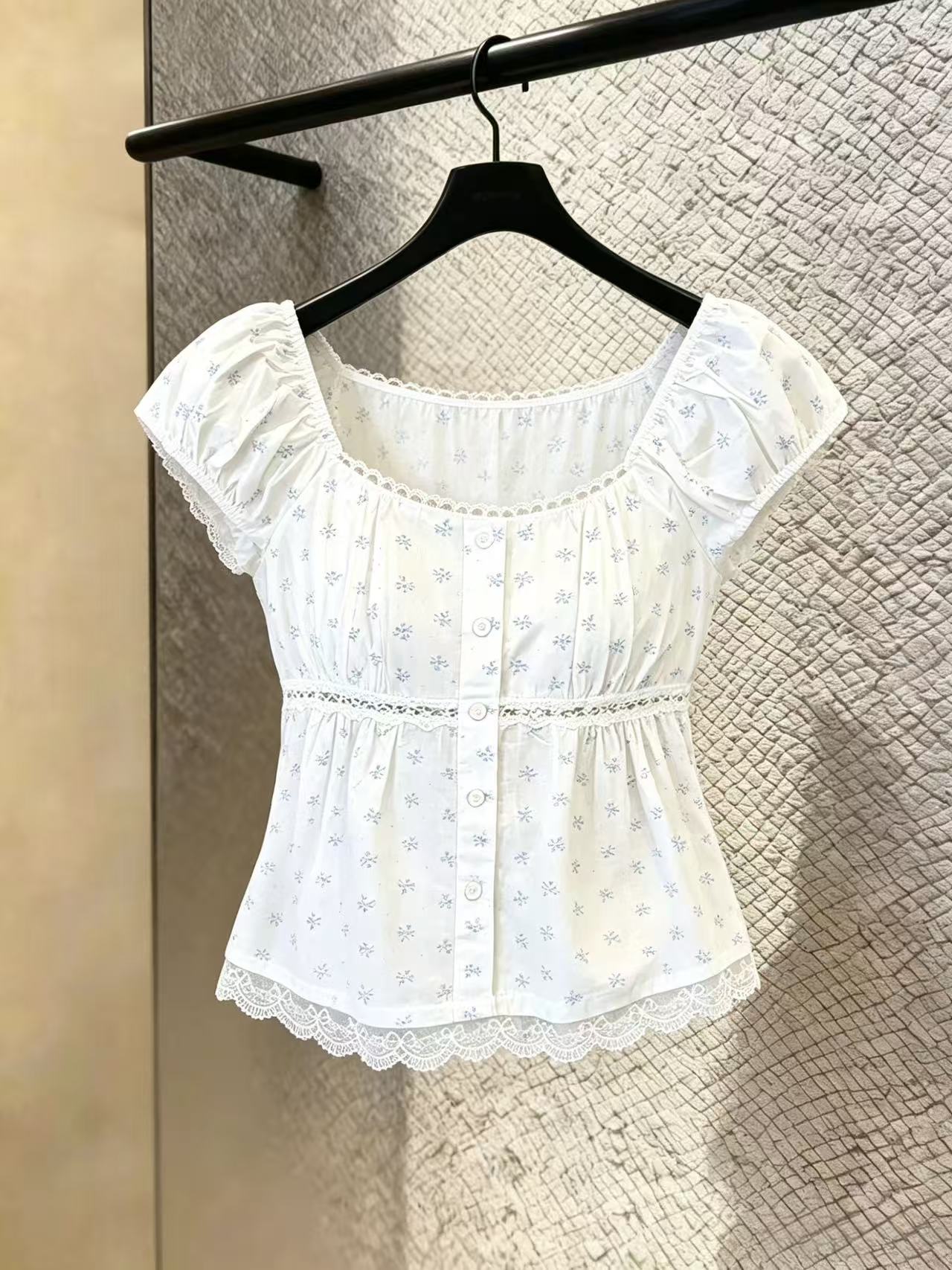 실사 한 부서 여름 프랑스식 품격 u 칼라 레이스 달콤함 꽃무늬 펌프 Pleat 거품 소매 맨위 chic