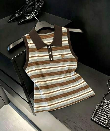 실사 캐주얼 바람 배색 POLO 칼라 스트라이프 니트 조끼 여성 새로운 시간 아직도 느낌 외국 가스 민소매 맨위 chic